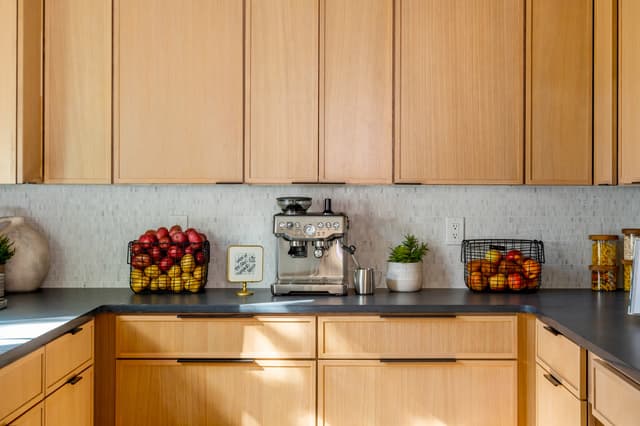 Natural oak pantry coffee station and organized storage