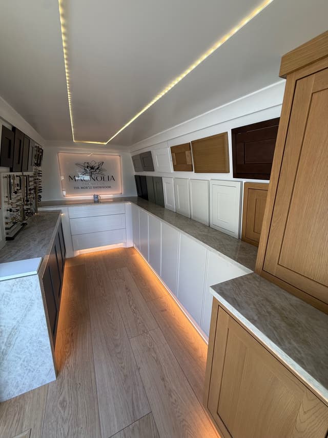 Cabinet door and hardware samples inside the mobile showroom