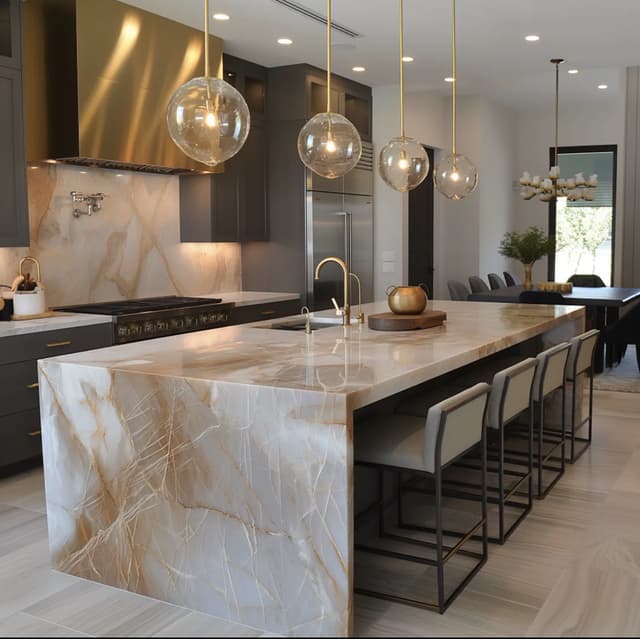 Scottsdale kitchen with glowing stone, brass, and dark cabinetry