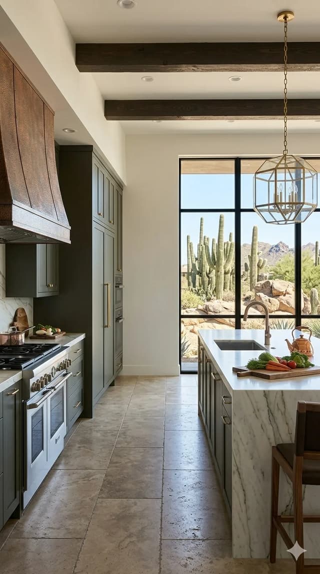 Scottsdale kitchen with a sculptural copper hood and desert view