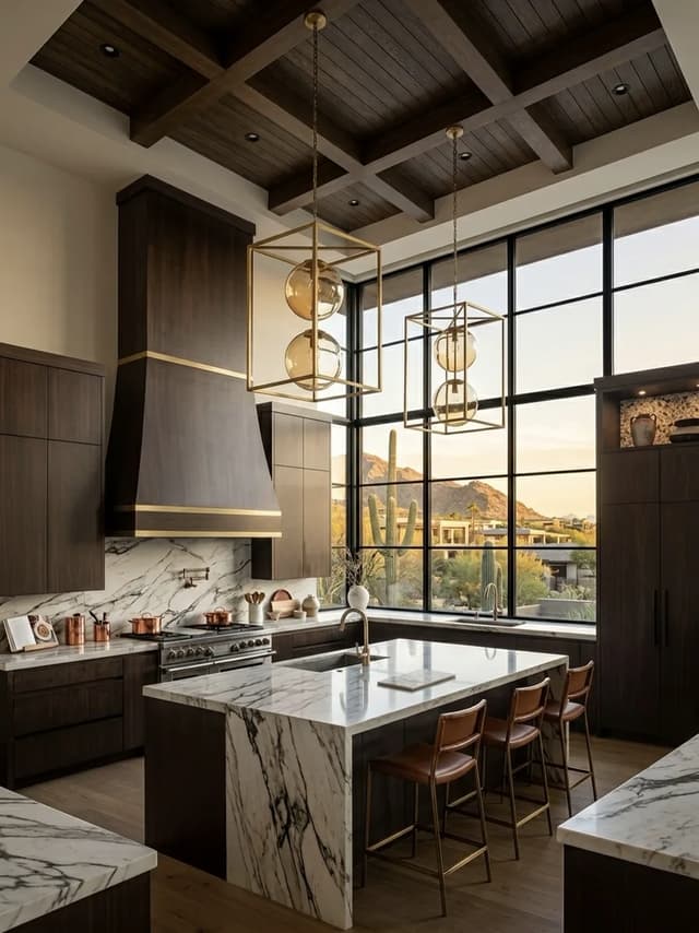 Rich wood Scottsdale kitchen framed by desert mountains