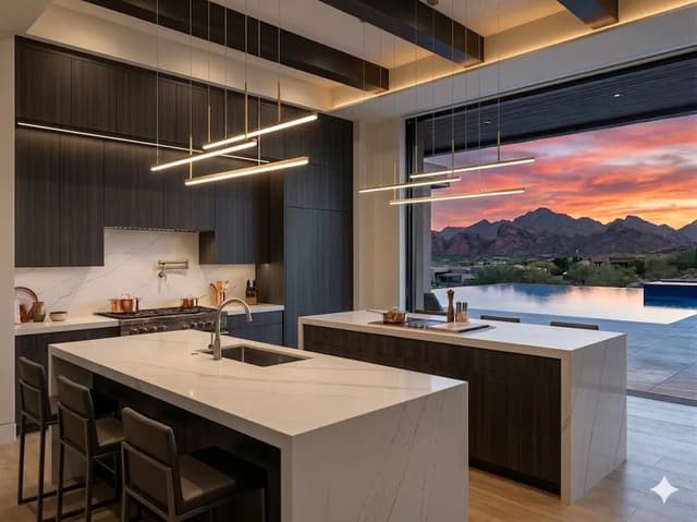 Dark contemporary Scottsdale kitchen opening to a mountain sunset