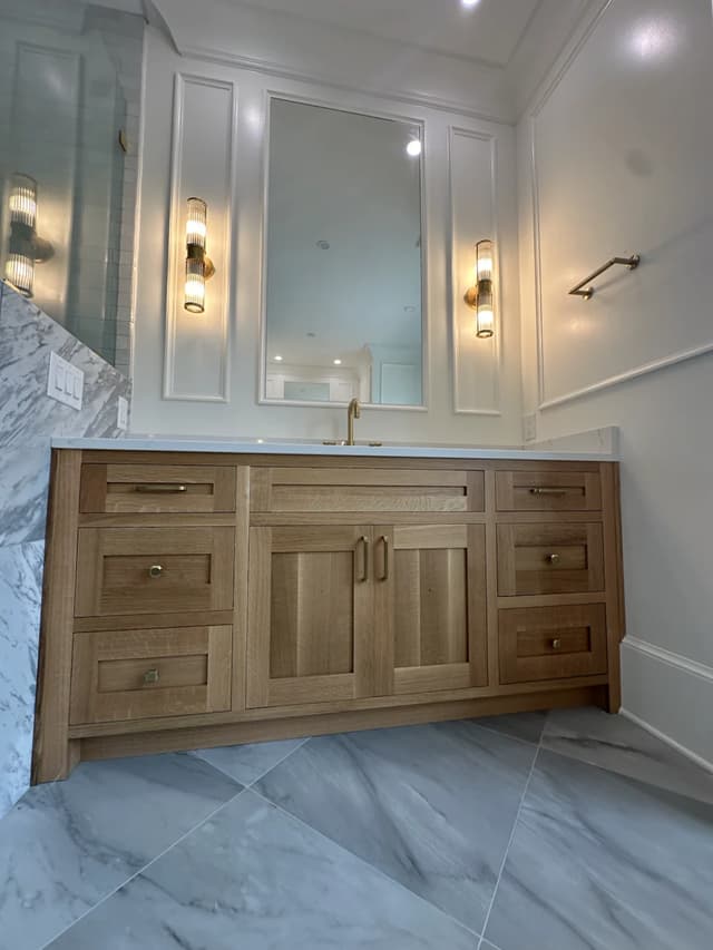 Front view of the tailored warm oak vanity
